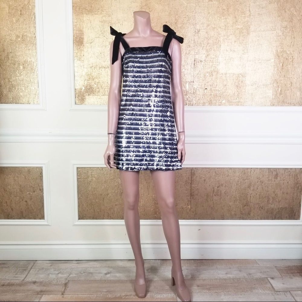 NEW AQUA 100% Exclusive sequined striped mini Black Silver S - Picture 8 of 15